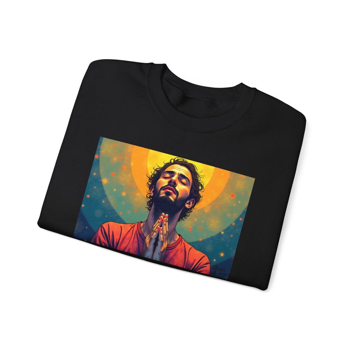 Praying Man - Serenity in Cosmic Light | Crewneck Sweatshirt | Christian Art | Faith-Inspired