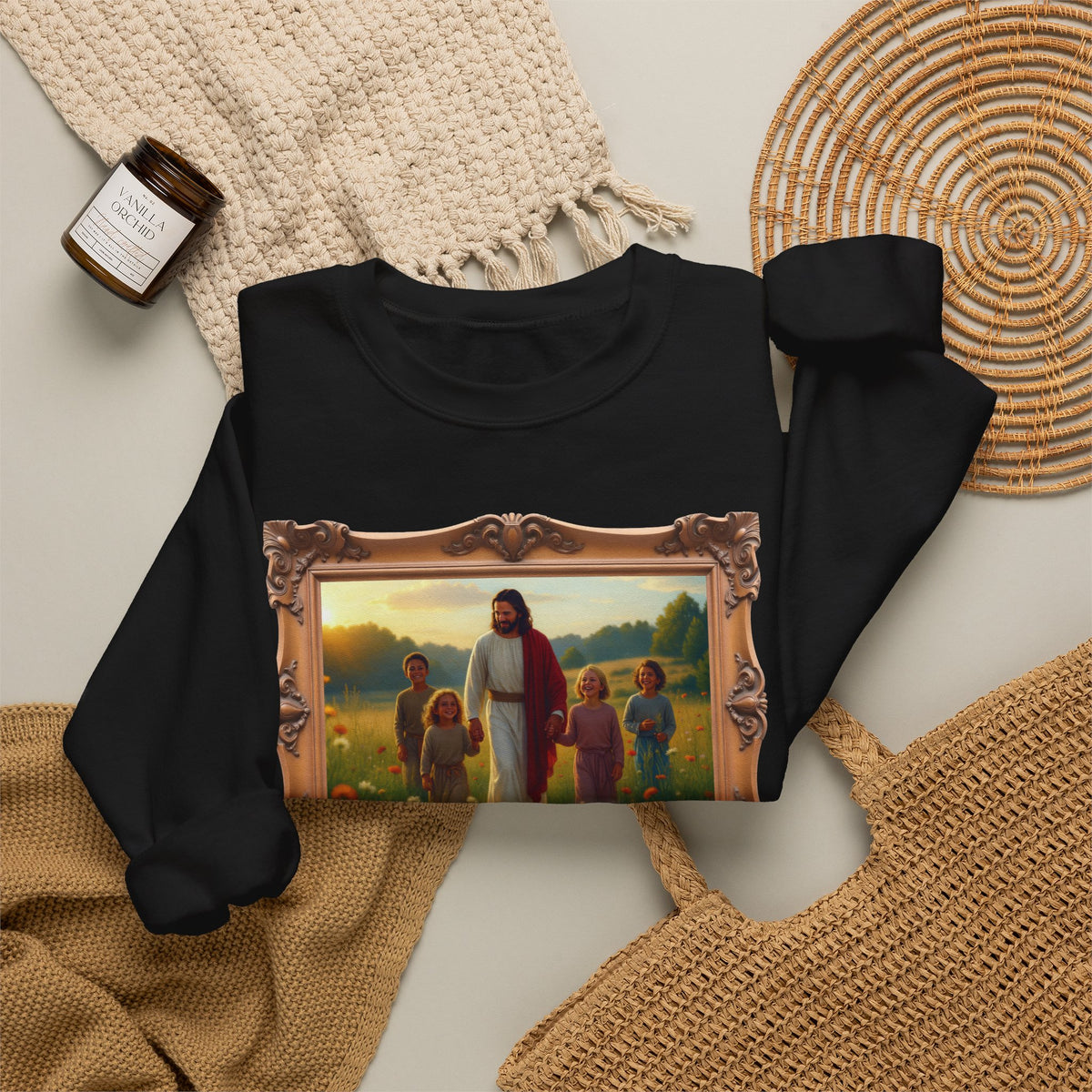 Jesus with Children in Wildflowers - Framed | Crewneck Sweatshirt | Christian Art | Faith-Inspired