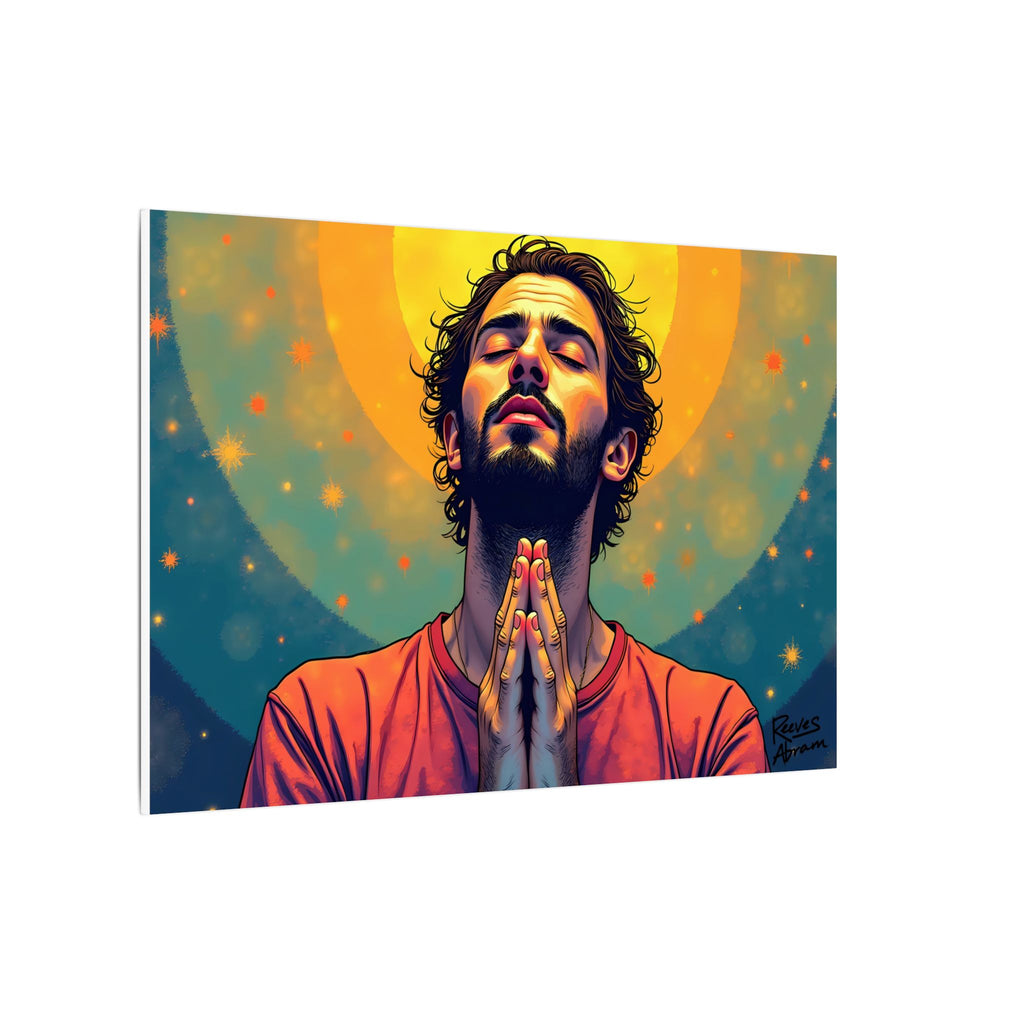 Praying Man - Serenity in Cosmic Light | 36" x 24" Canvas (Horizontal) | Christian Wall Art | Illustration