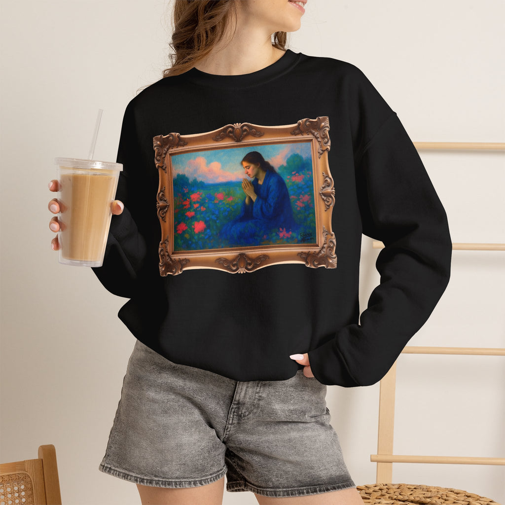 Praying Woman in Wildflowers - Framed | Crewneck Sweatshirt | Christian Art | Faith-Inspired