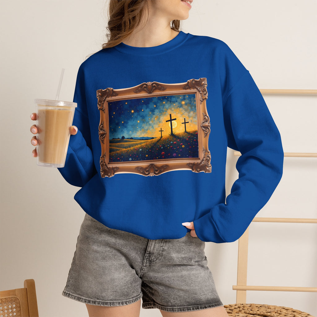 Three Crosses on Hill - Framed - Crewneck Sweatshirt | Bible Art