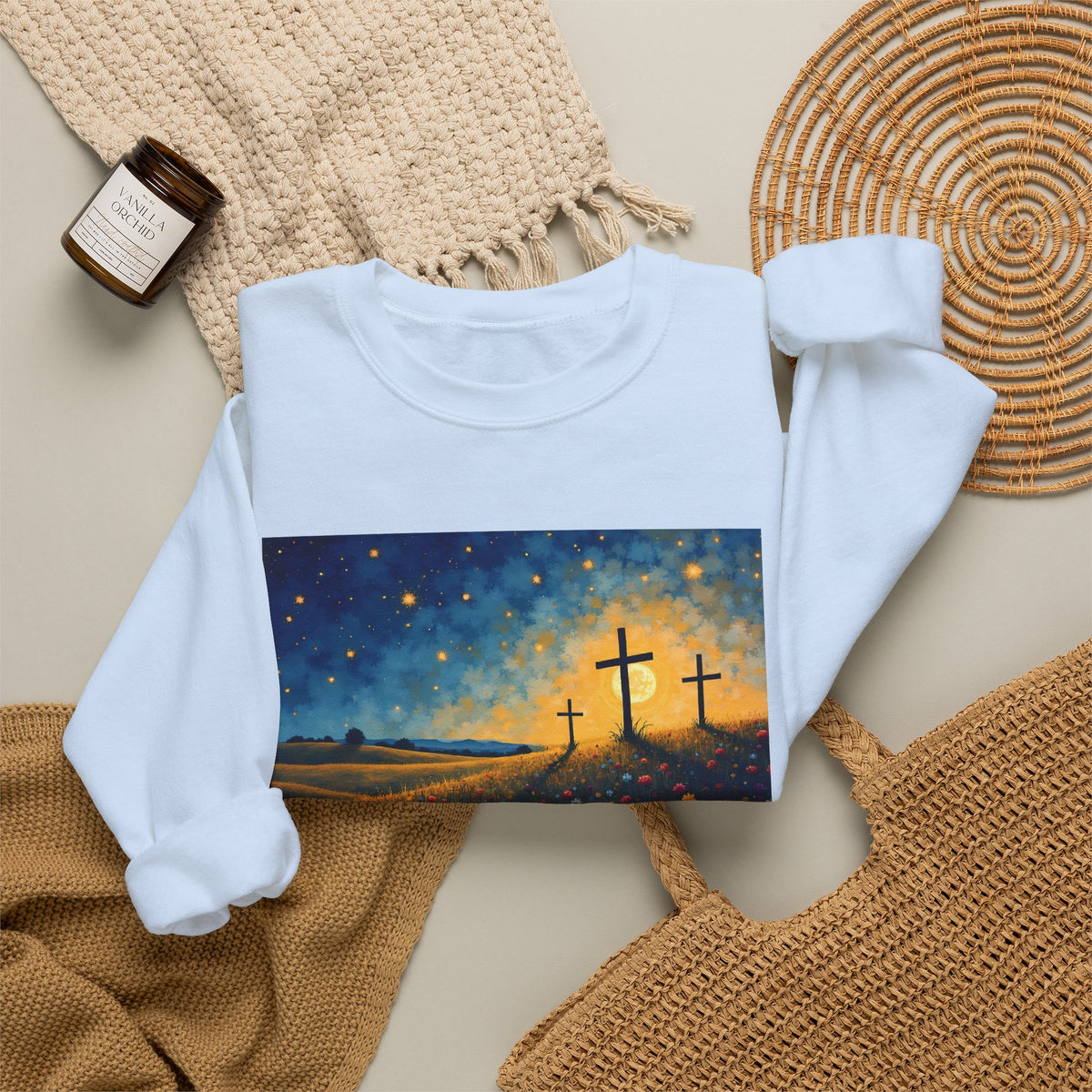 Three Crosses on Hill - Crewneck Sweatshirt | Bible Art