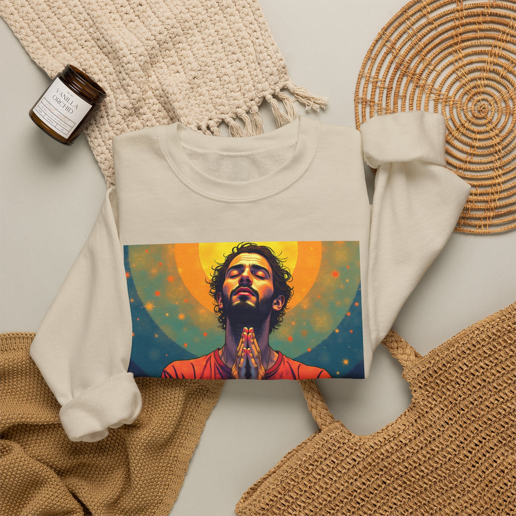 Praying Man - Serenity in Cosmic Light | Crewneck Sweatshirt | Christian Art | Faith-Inspired
