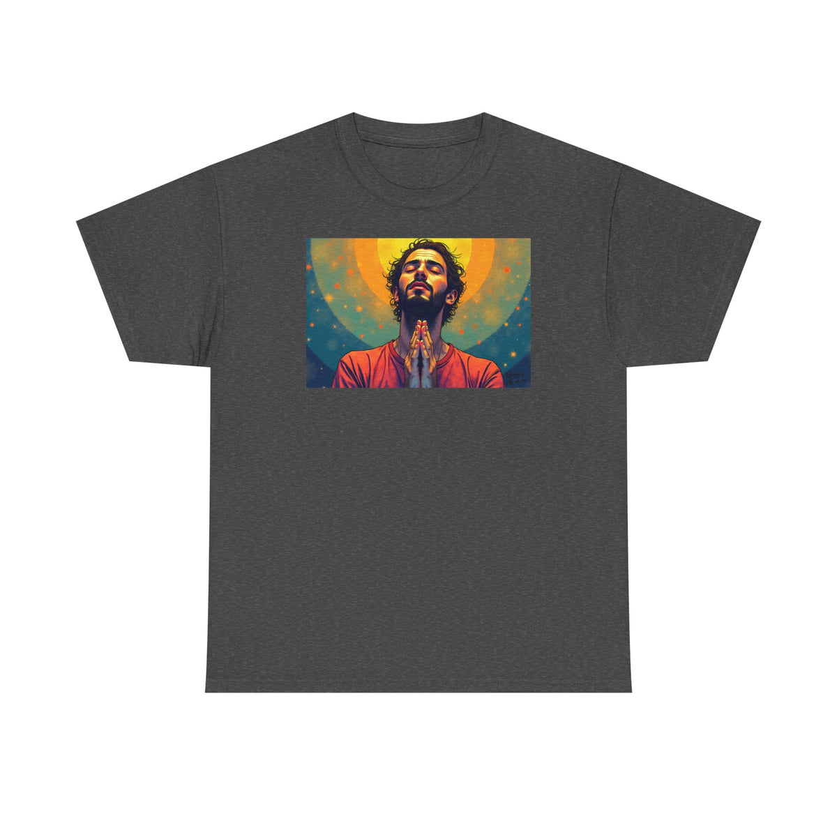 Praying Man - Serenity in Cosmic Light - T-Shirt | Religious Inspirational Tee, Prayer Artwork