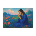 Praying Woman in Wildflowers | 36" x 24" Canvas (Horizontal) | Christian Wall Art | Faith Home Decor