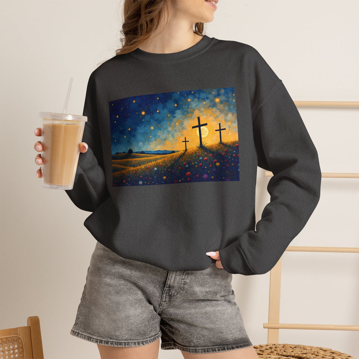 Three Crosses on Hill - Crewneck Sweatshirt | Bible Art
