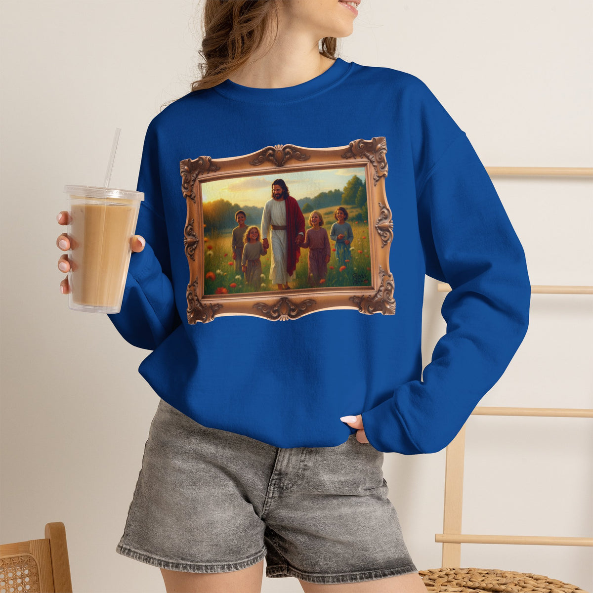 Jesus with Children in Wildflowers - Framed | Crewneck Sweatshirt | Christian Art | Faith-Inspired