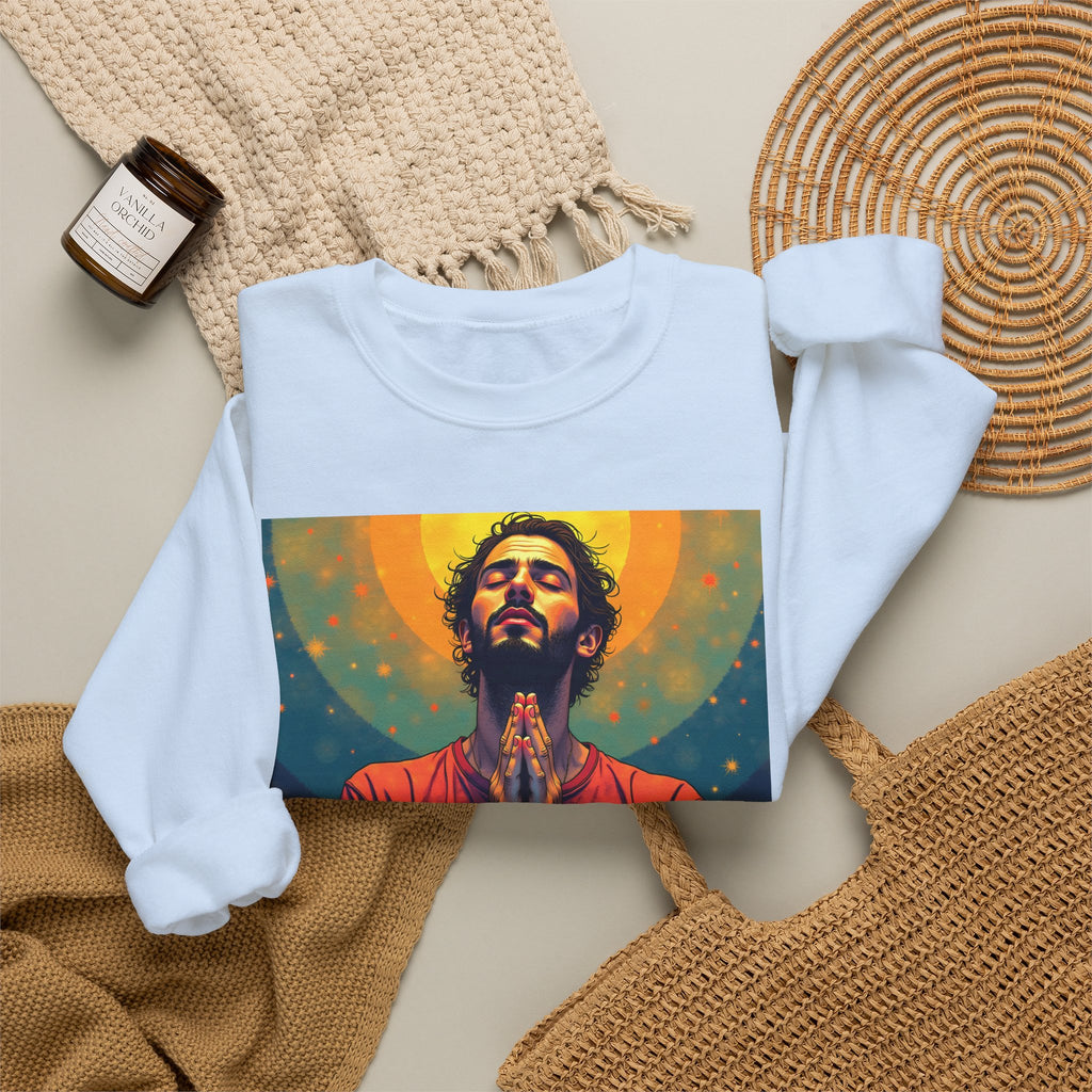 Praying Man - Serenity in Cosmic Light | Crewneck Sweatshirt | Christian Art | Faith-Inspired