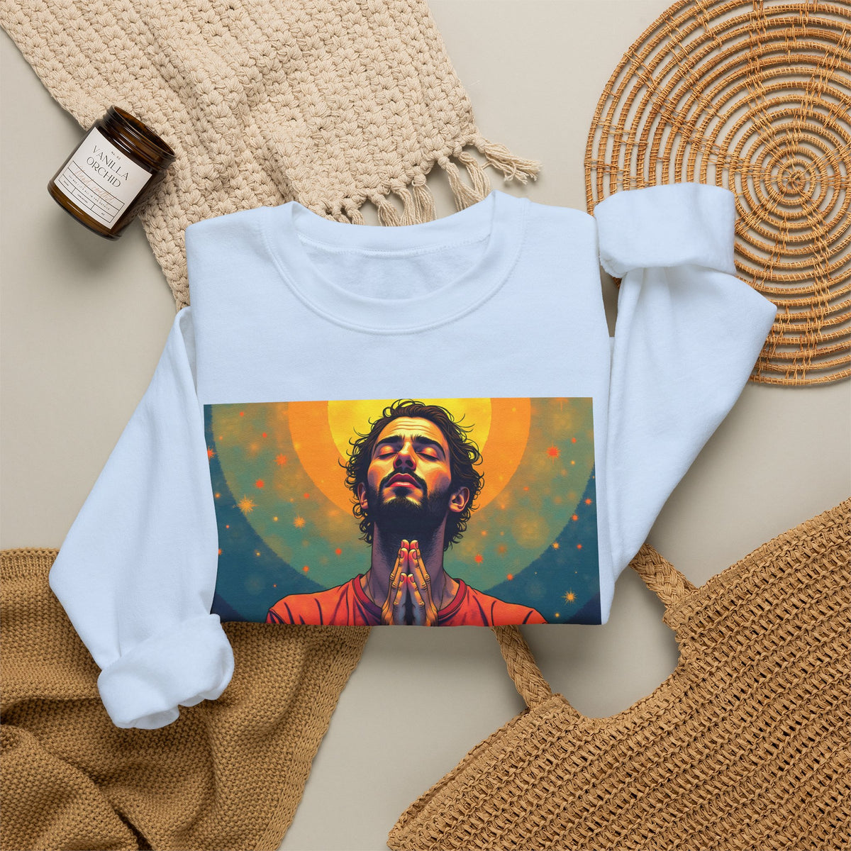 Praying Man - Serenity in Cosmic Light | Crewneck Sweatshirt | Christian Art | Faith-Inspired