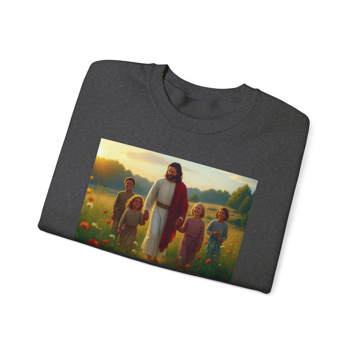 Jesus with Children in Wildflowers | Crewneck Sweatshirt | Christian Art | Faith-Inspired
