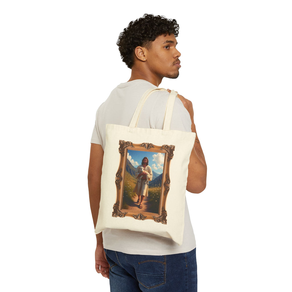 Jesus Carrying the Little Lamb - Framed - Canvas Tote Bag - The Good Shepherd Christian Art