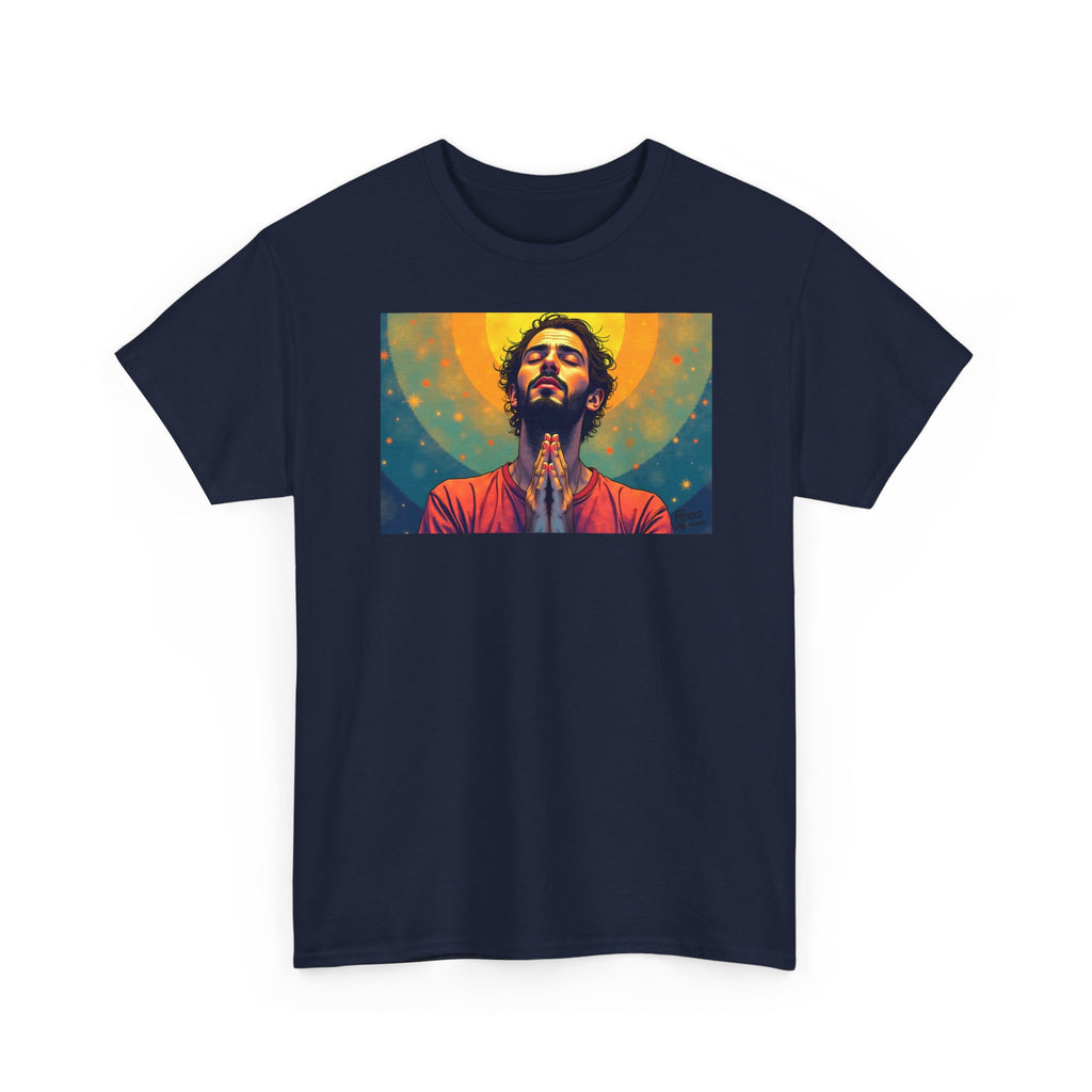 Praying Man - Serenity in Cosmic Light - T-Shirt | Religious Inspirational Tee, Prayer Artwork