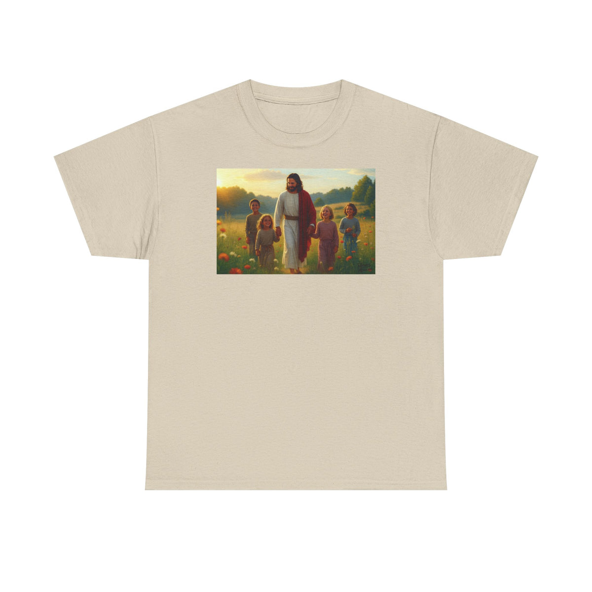 Jesus with Children in Wildflowers - T-Shirt | Religious Inspirational Tee, Prayer Artwork