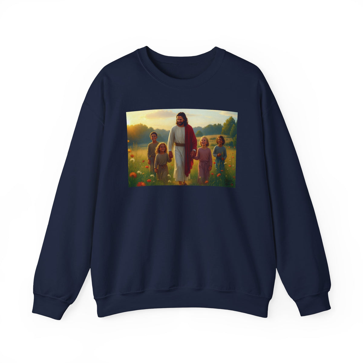 Jesus with Children in Wildflowers | Crewneck Sweatshirt | Christian Art | Faith-Inspired