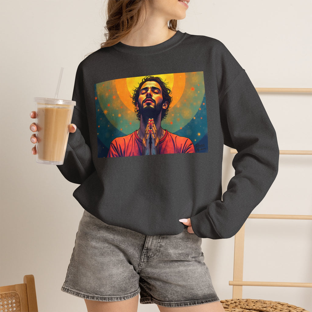 Praying Man - Serenity in Cosmic Light | Crewneck Sweatshirt | Christian Art | Faith-Inspired