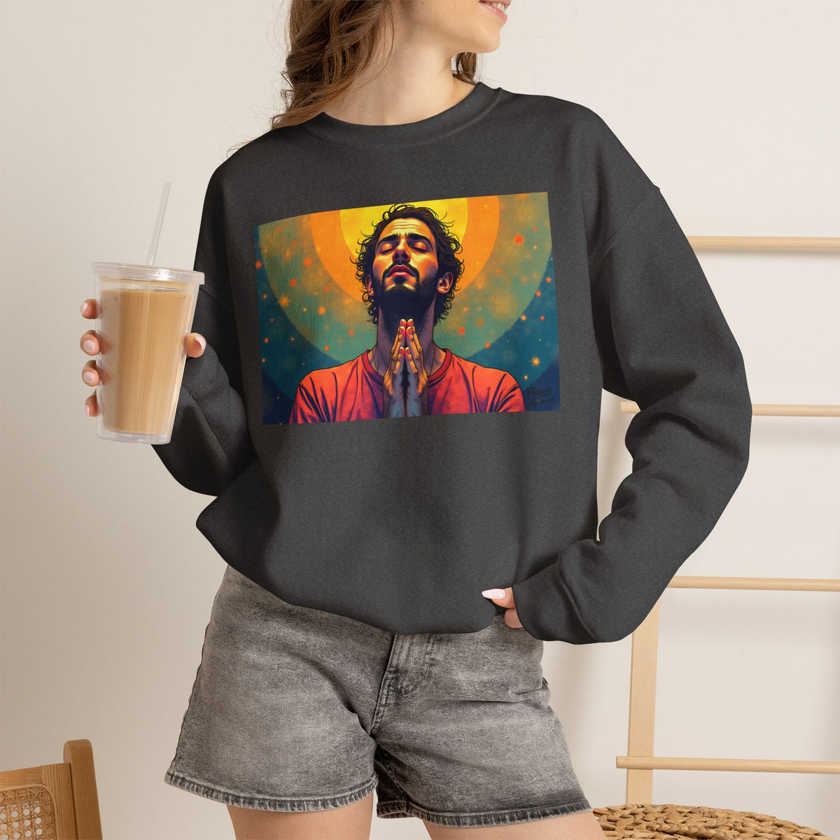 Praying Man - Serenity in Cosmic Light | Crewneck Sweatshirt | Christian Art | Faith-Inspired