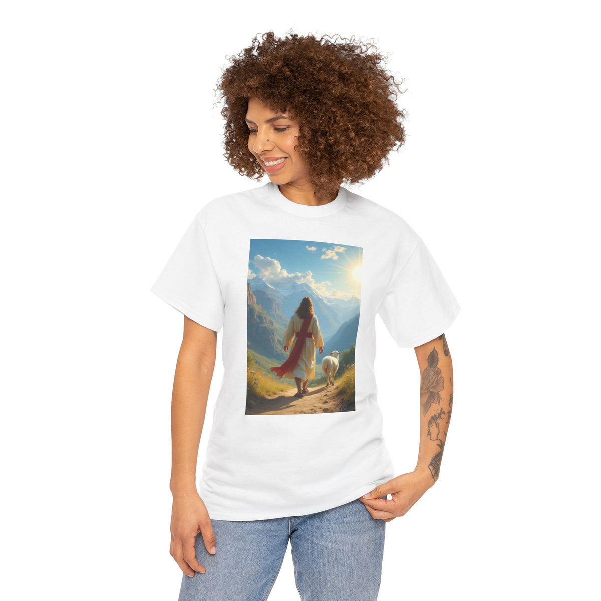 Jesus and the Lost Lamb - T-Shirt | Religious Inspirational Tee, Jesus Faith Artwork