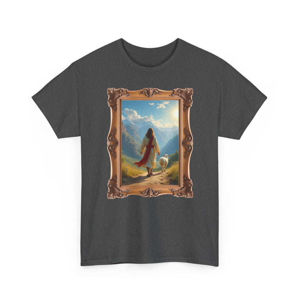 Jesus and the Lost Lamb - Framed - T-Shirt | Religious Inspirational Tee, Jesus in Bible Artwork