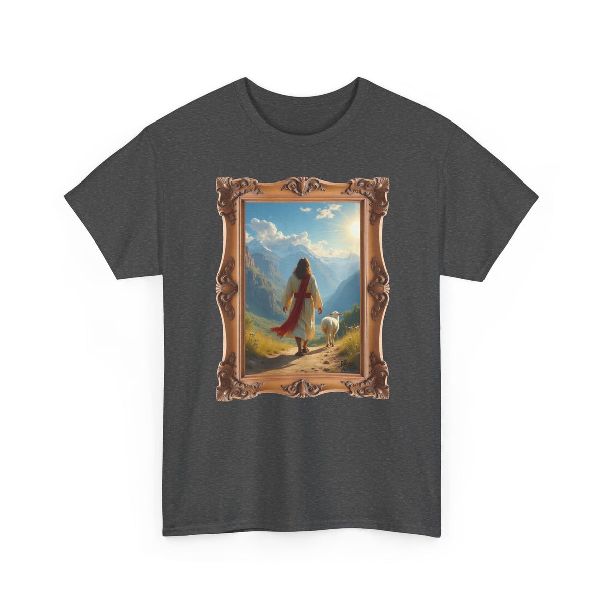 Jesus and the Lost Lamb - Framed - T-Shirt | Religious Inspirational Tee, Jesus in Bible Artwork