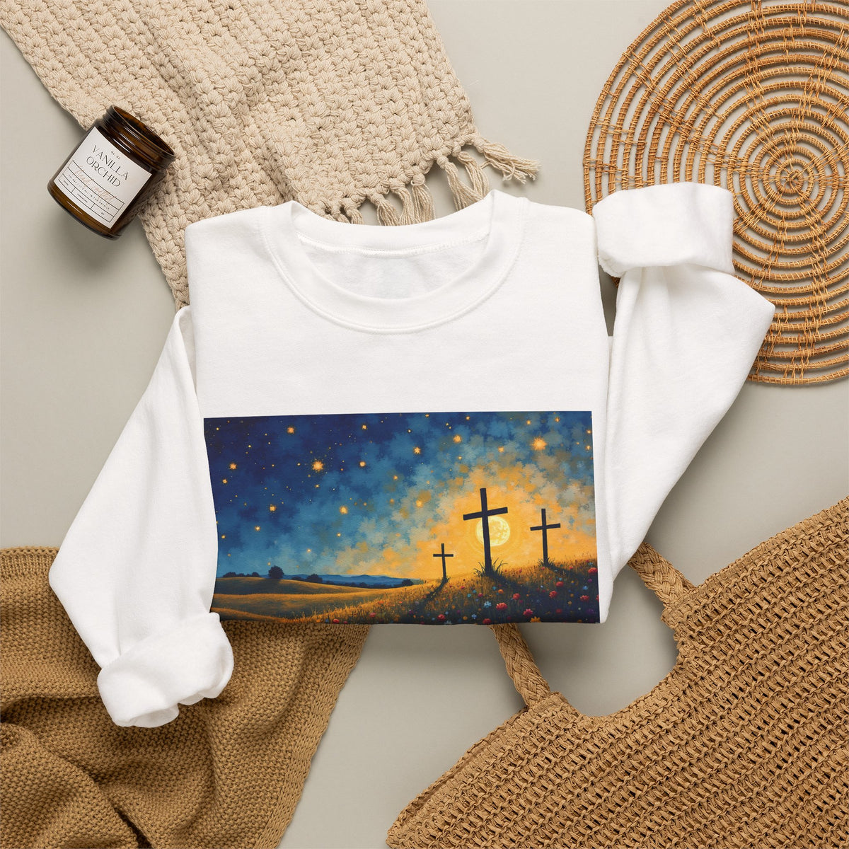 Three Crosses on Hill - Crewneck Sweatshirt | Bible Art