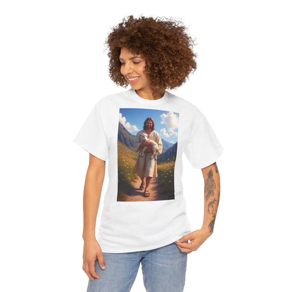 Jesus Carrying the Little Lamb - T-Shirt | Religious Inspirational Tee | The Good Shepherd Christian Art