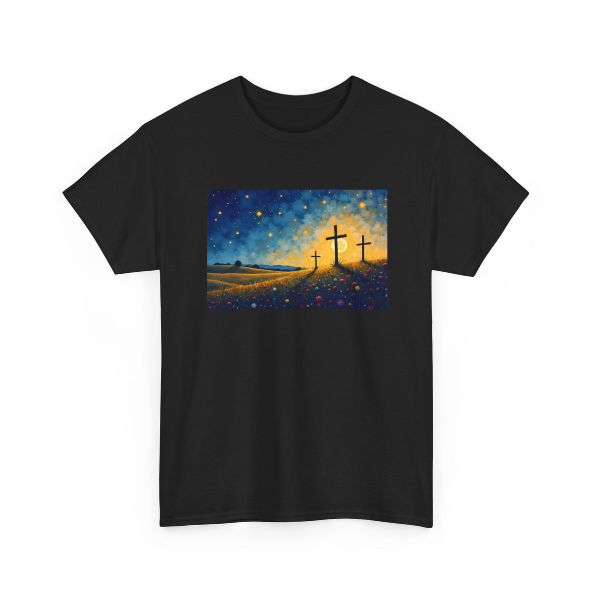 Three Crosses on Hill - T-Shirt | Religious Inspirational Tee, Jesus Faith Artwork