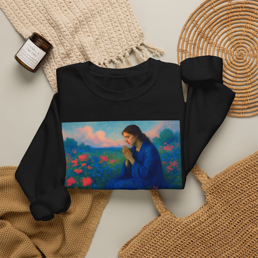 Praying Woman in Wildflowers | Crewneck Sweatshirt | Christian Art | Faith-Inspired