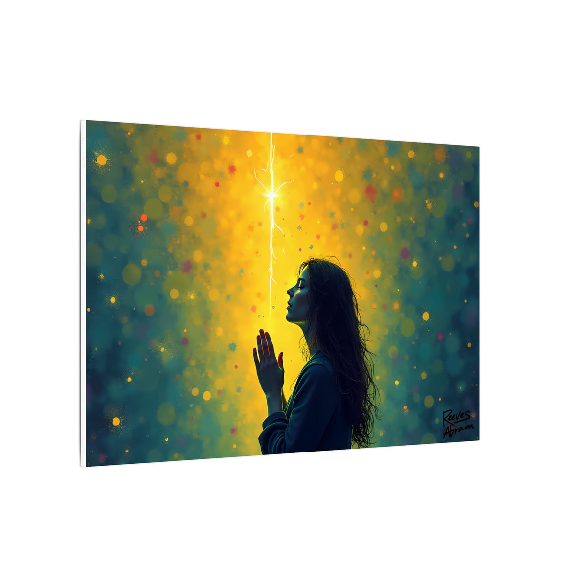 Woman in Prayer Under Magical Light | 36" x 24" Canvas (Horizontal) | Christian Pop Art | Faith Wall Decor
