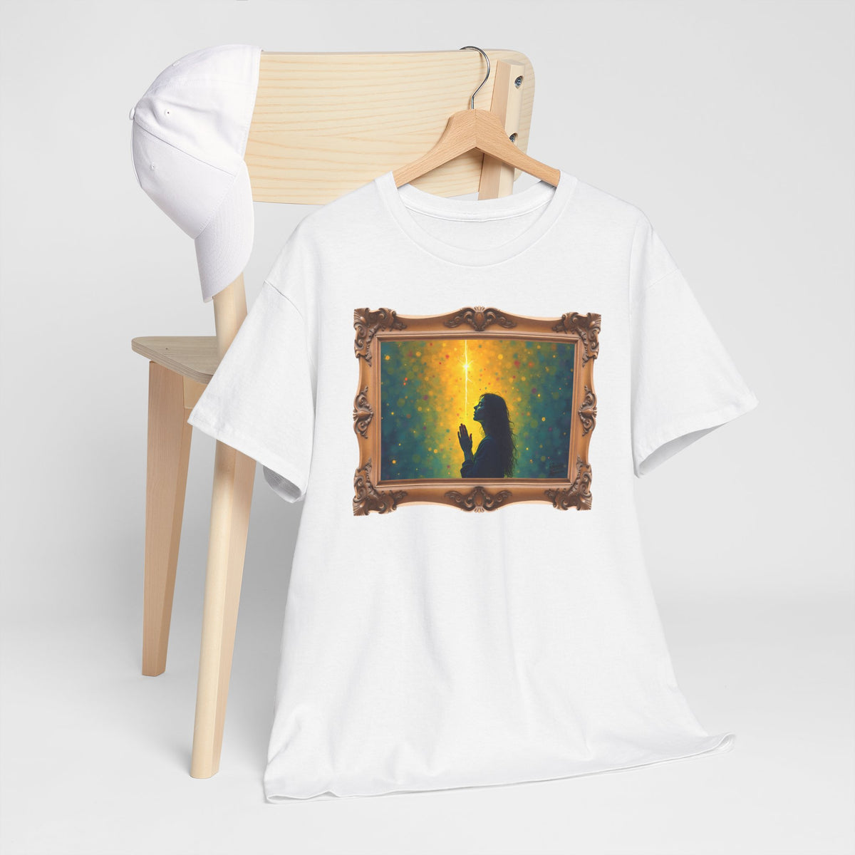 Woman in Prayer Under Magical Light - Framed - T-Shirt | Religious Inspirational Tee, Prayer Shirt