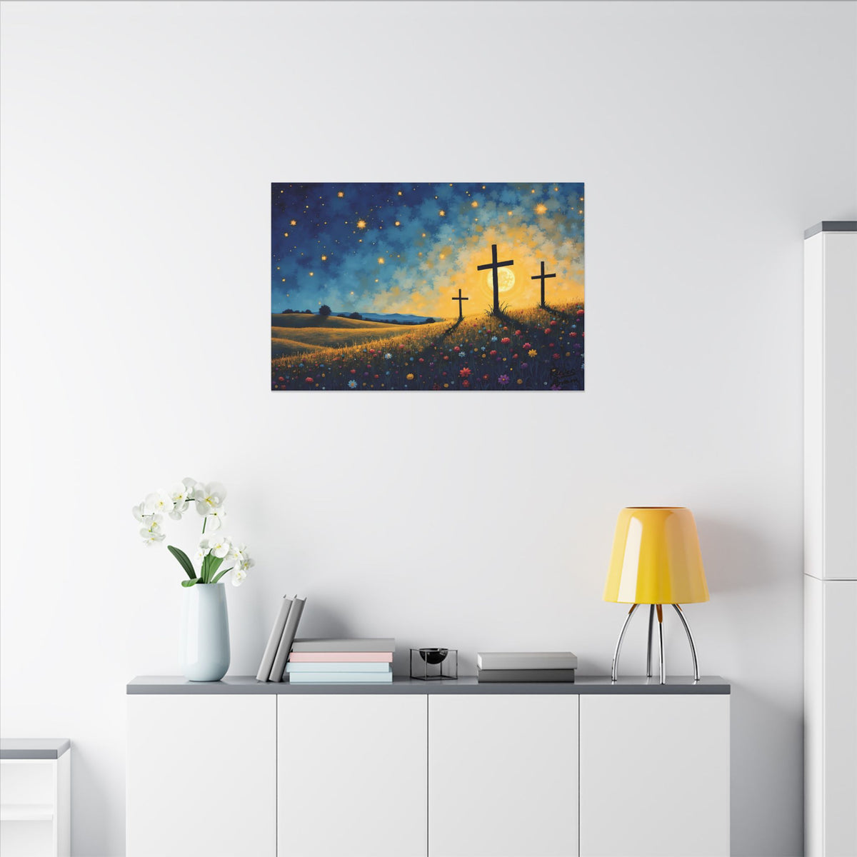 Three Crosses on Hill | 36" x 24" Canvas (Horizontal) | Christian Wall Art | Faith Home Decor | Floral Night Sky