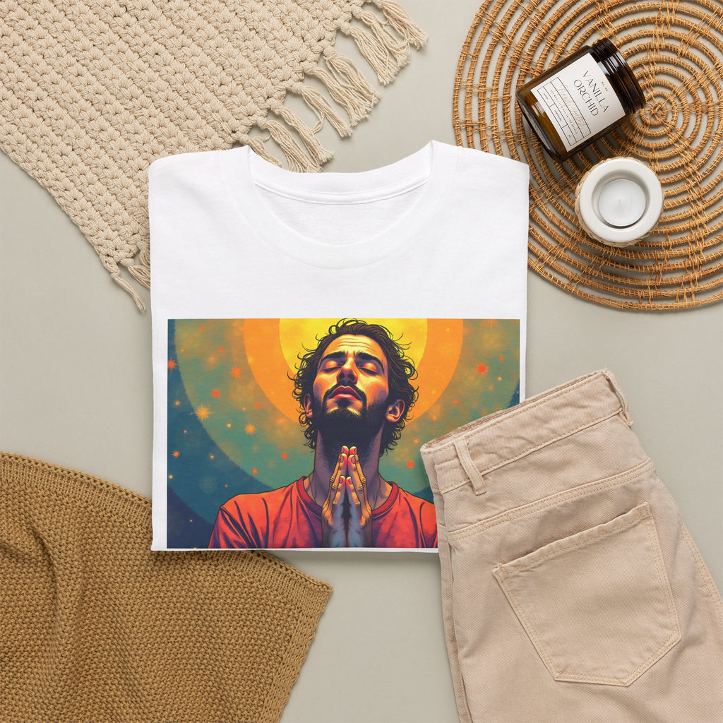 Praying Man - Serenity in Cosmic Light - T-Shirt | Religious Inspirational Tee, Prayer Artwork