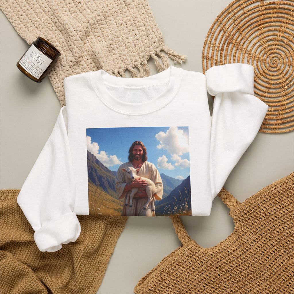 Jesus Carrying the Little Lamb - Crewneck Sweatshirt | The Good Shepherd Christian Art