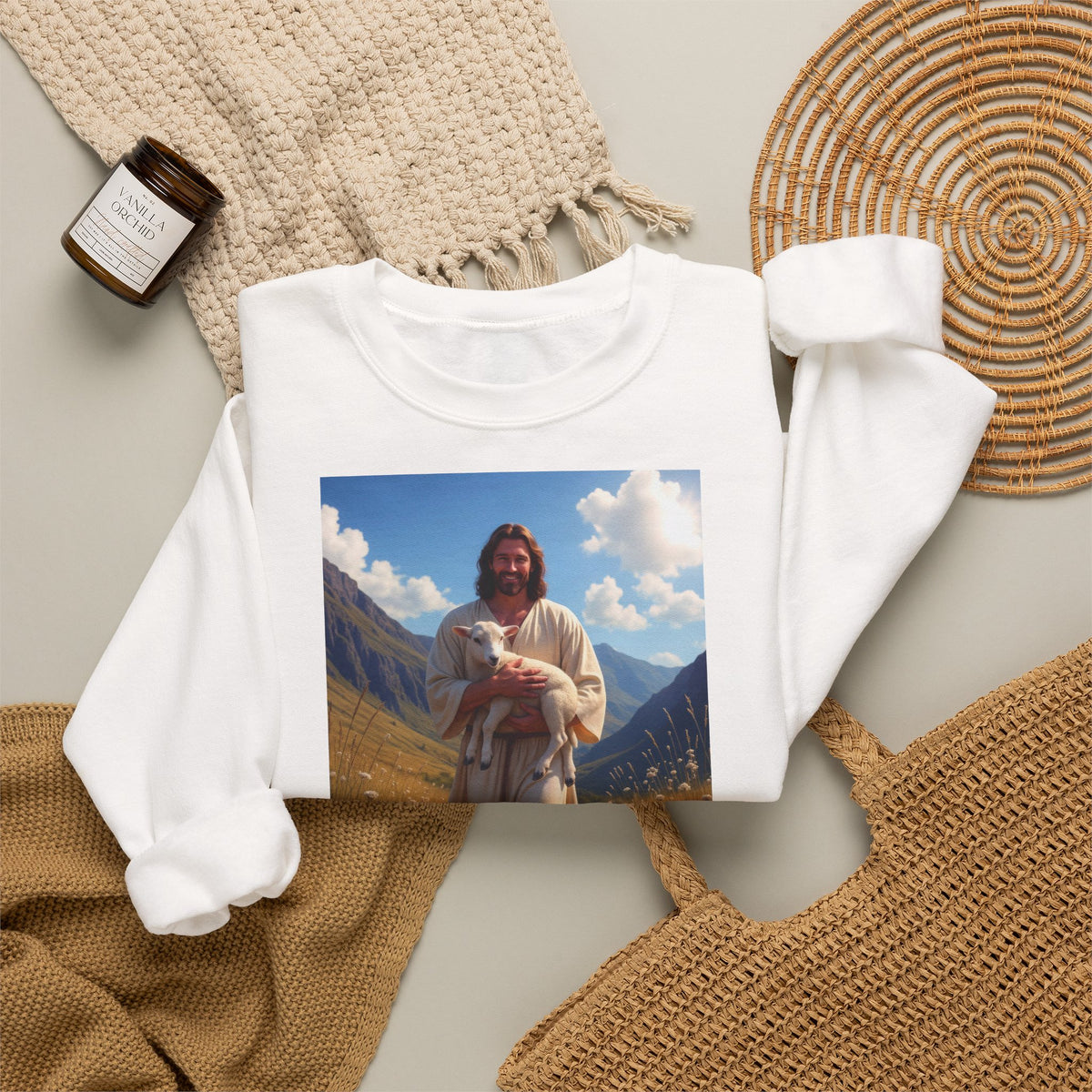 Jesus Carrying the Little Lamb - Crewneck Sweatshirt | The Good Shepherd Christian Art