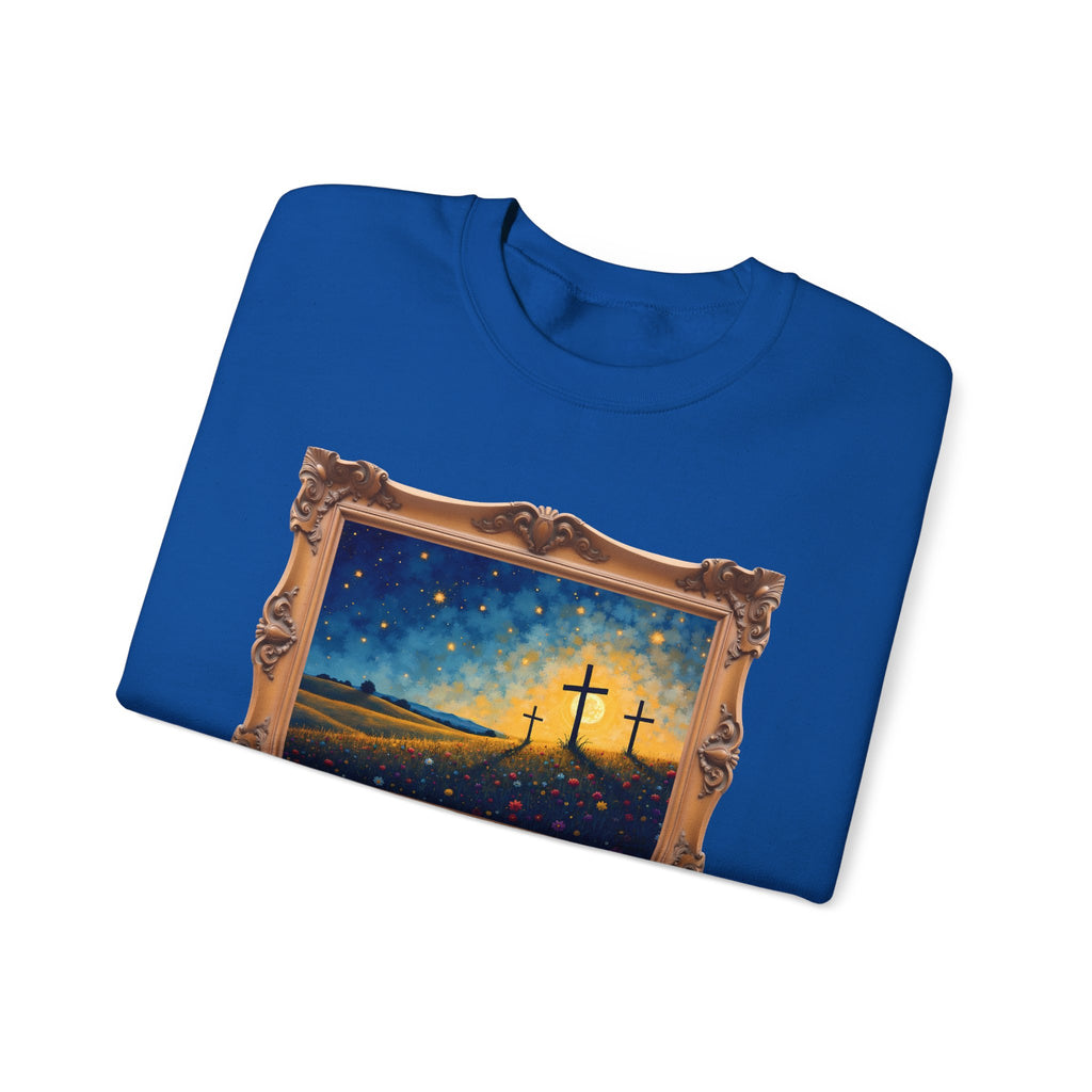 Three Crosses on Hill - Framed - Crewneck Sweatshirt | Bible Art