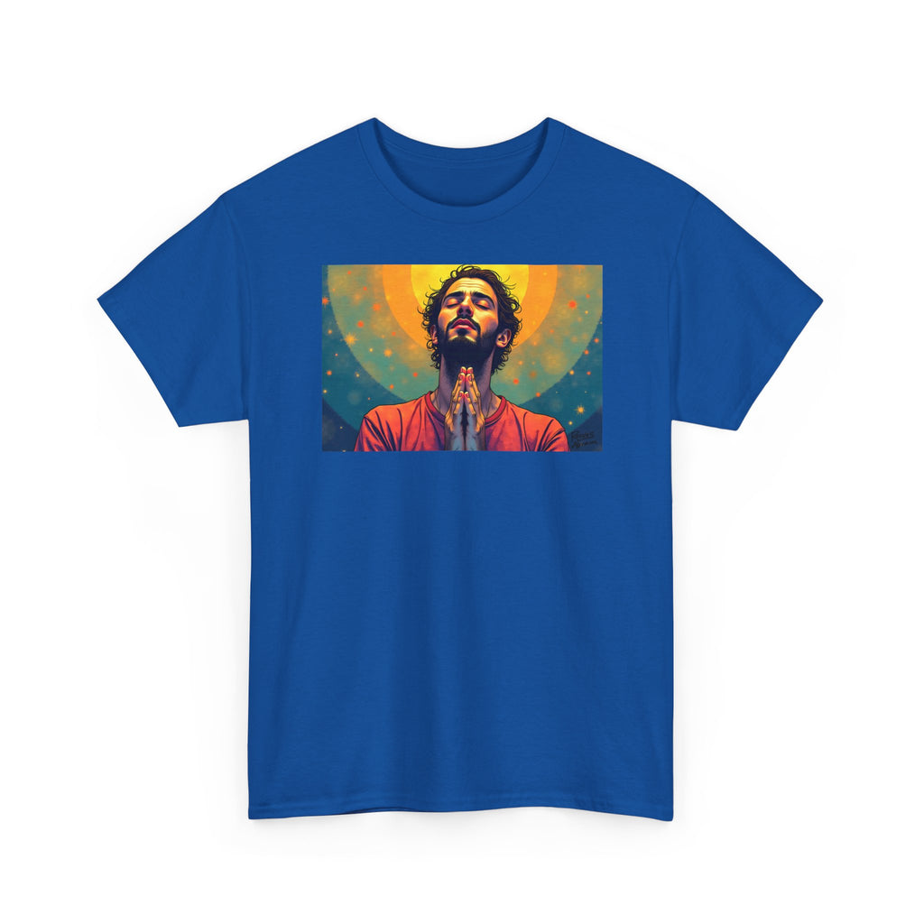 Praying Man - Serenity in Cosmic Light - T-Shirt | Religious Inspirational Tee, Prayer Artwork