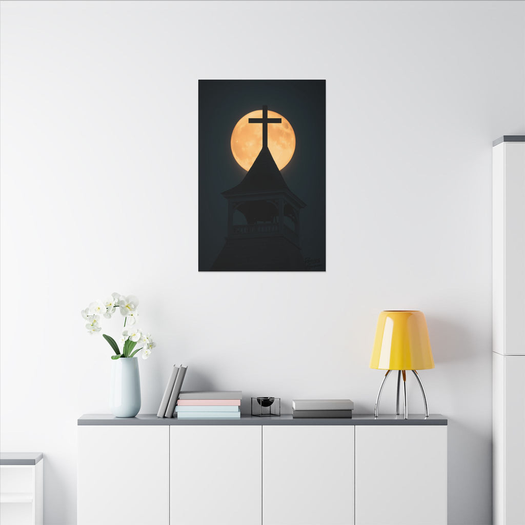 Church Steeple Moon | 24" x 36" Canvas (Vertical) | Christian Wall Art | Faith Home Decor | Inspirational Night Landscape