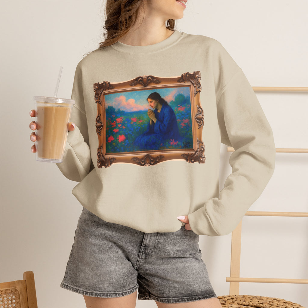 Praying Woman in Wildflowers - Framed | Crewneck Sweatshirt | Christian Art | Faith-Inspired
