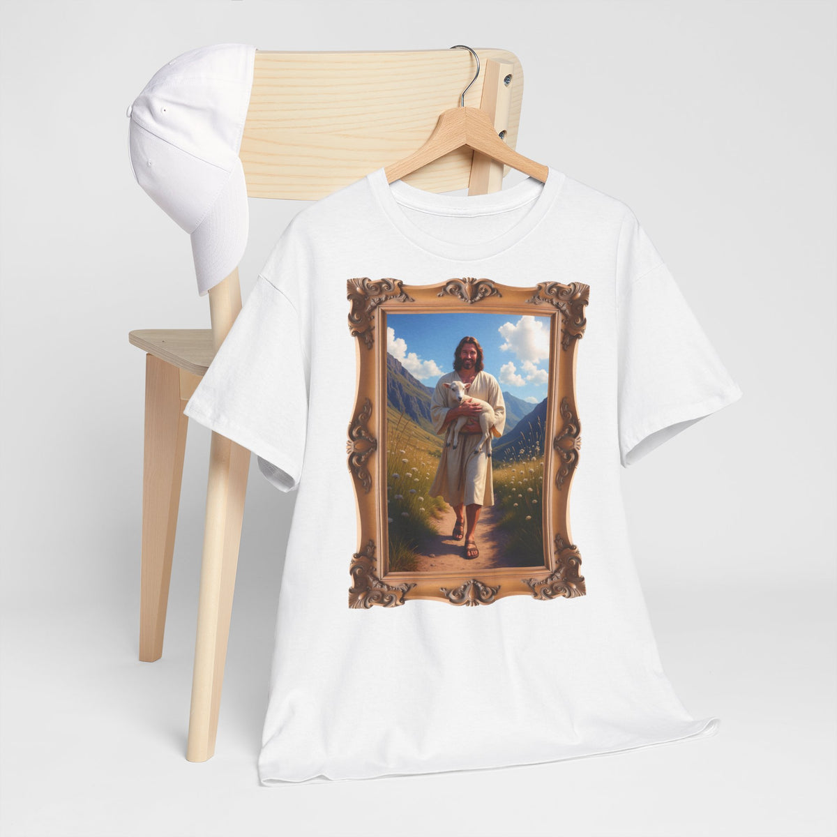 Jesus Carrying the Little Lamb - Framed - T-Shirt | Religious Inspirational Tee | The Good Shepherd Christian Art