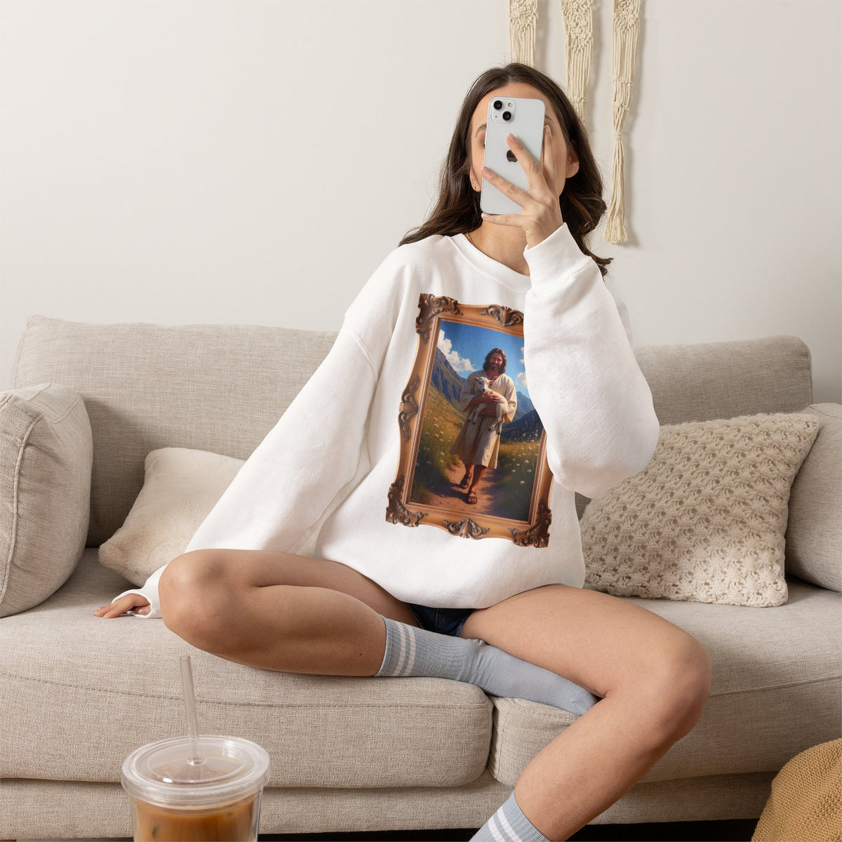 Jesus Carrying the Little Lamb - Framed - Crewneck Sweatshirt | The Good Shepherd Christian Art