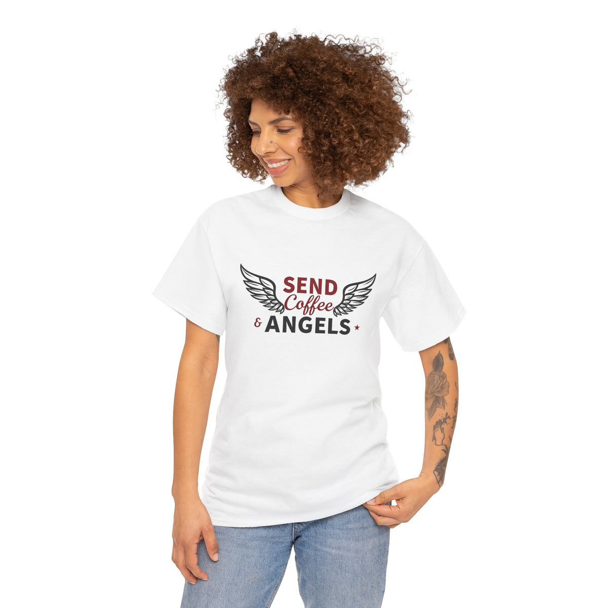 Send Coffee and Angels - T-Shirt | Religious Inspirational Tee | Bringing Faith and Humor to Mornings