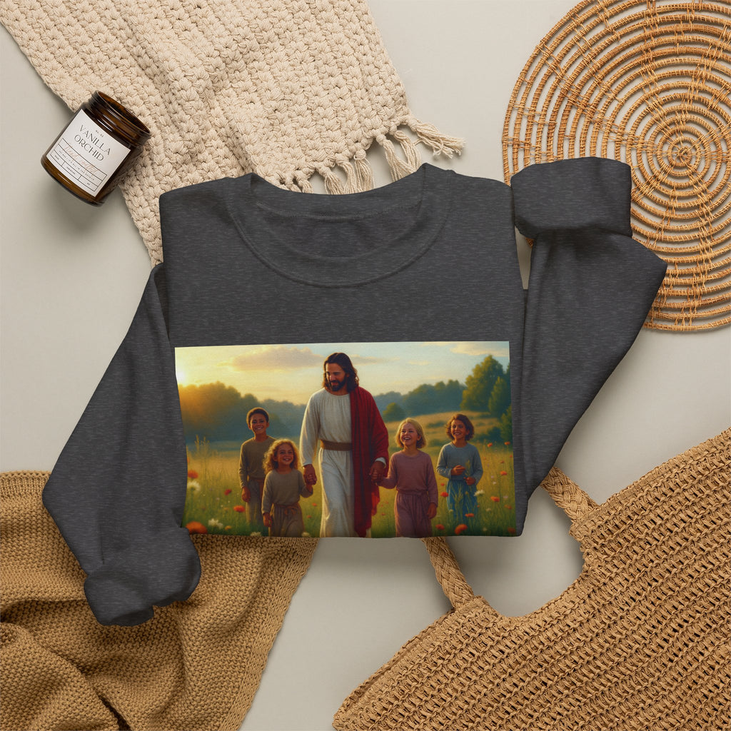 Jesus with Children in Wildflowers | Crewneck Sweatshirt | Christian Art | Faith-Inspired