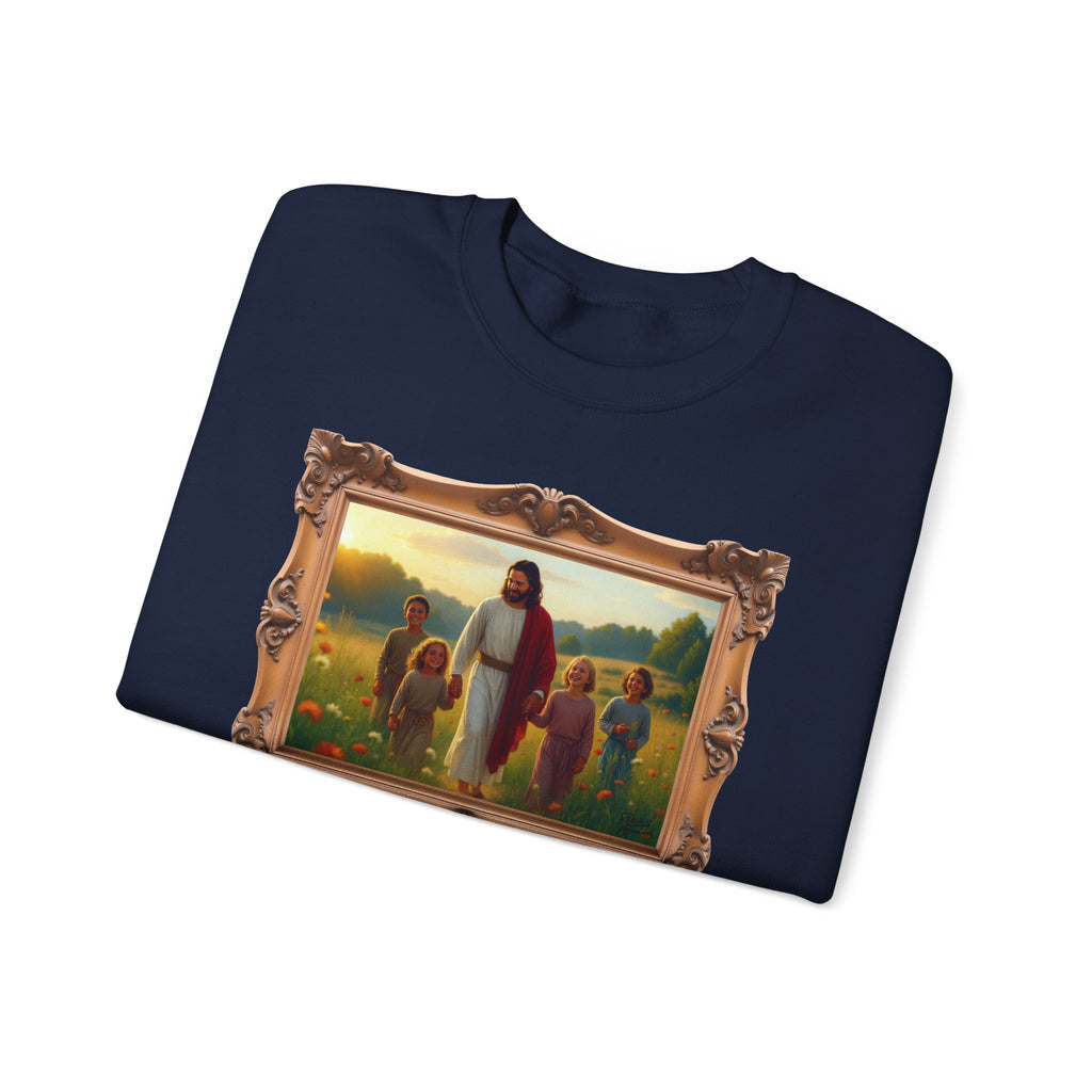 Jesus with Children in Wildflowers - Framed | Crewneck Sweatshirt | Christian Art | Faith-Inspired