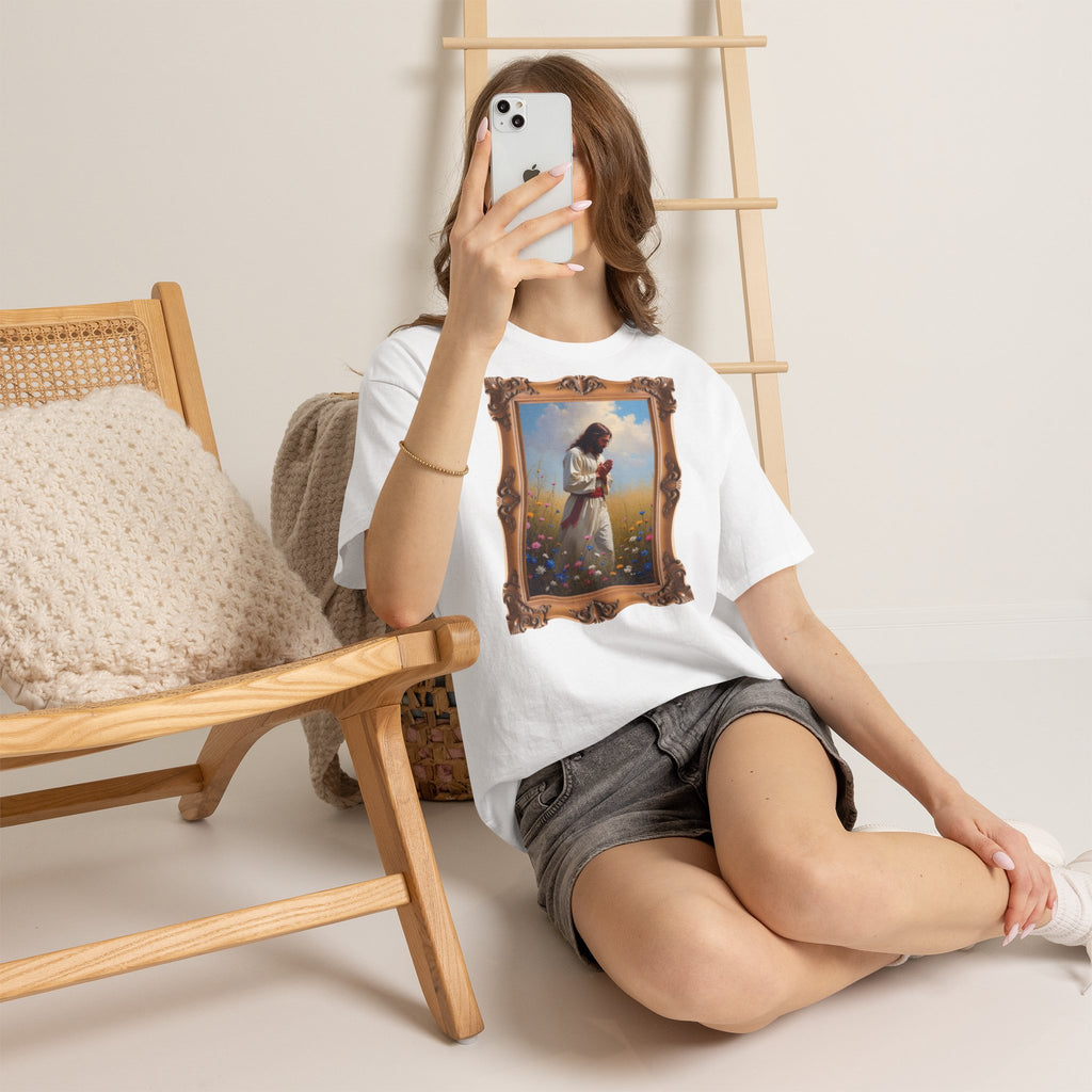 Jesus Praying in Meadow - Framed - T-Shirt | Religious Inspirational Tee, Prayer Shirt