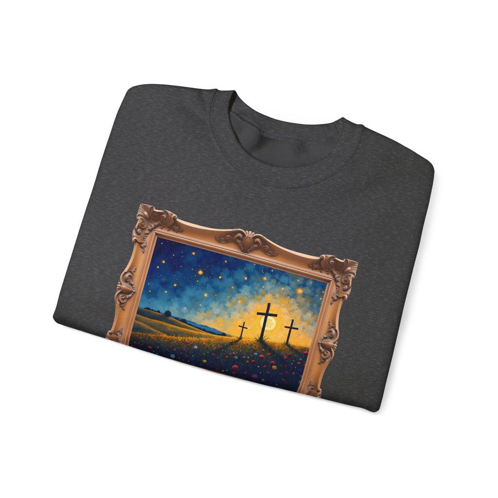 Three Crosses on Hill - Framed - Crewneck Sweatshirt | Bible Art
