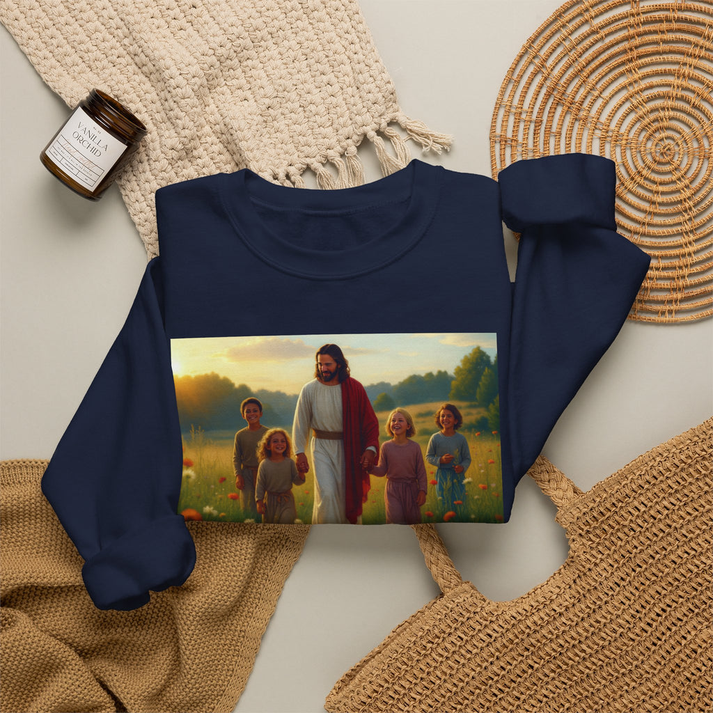 Jesus with Children in Wildflowers | Crewneck Sweatshirt | Christian Art | Faith-Inspired