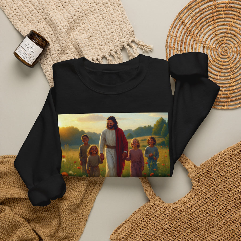 Jesus with Children in Wildflowers | Crewneck Sweatshirt | Christian Art | Faith-Inspired