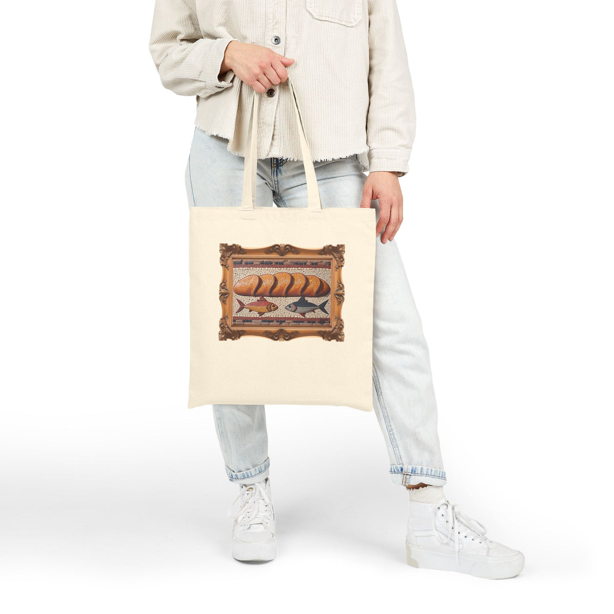 Five Loaves and Two Fish Mosaic - Framed - Canvas Tote Bag - Roman-Era-Inspired Christian Art