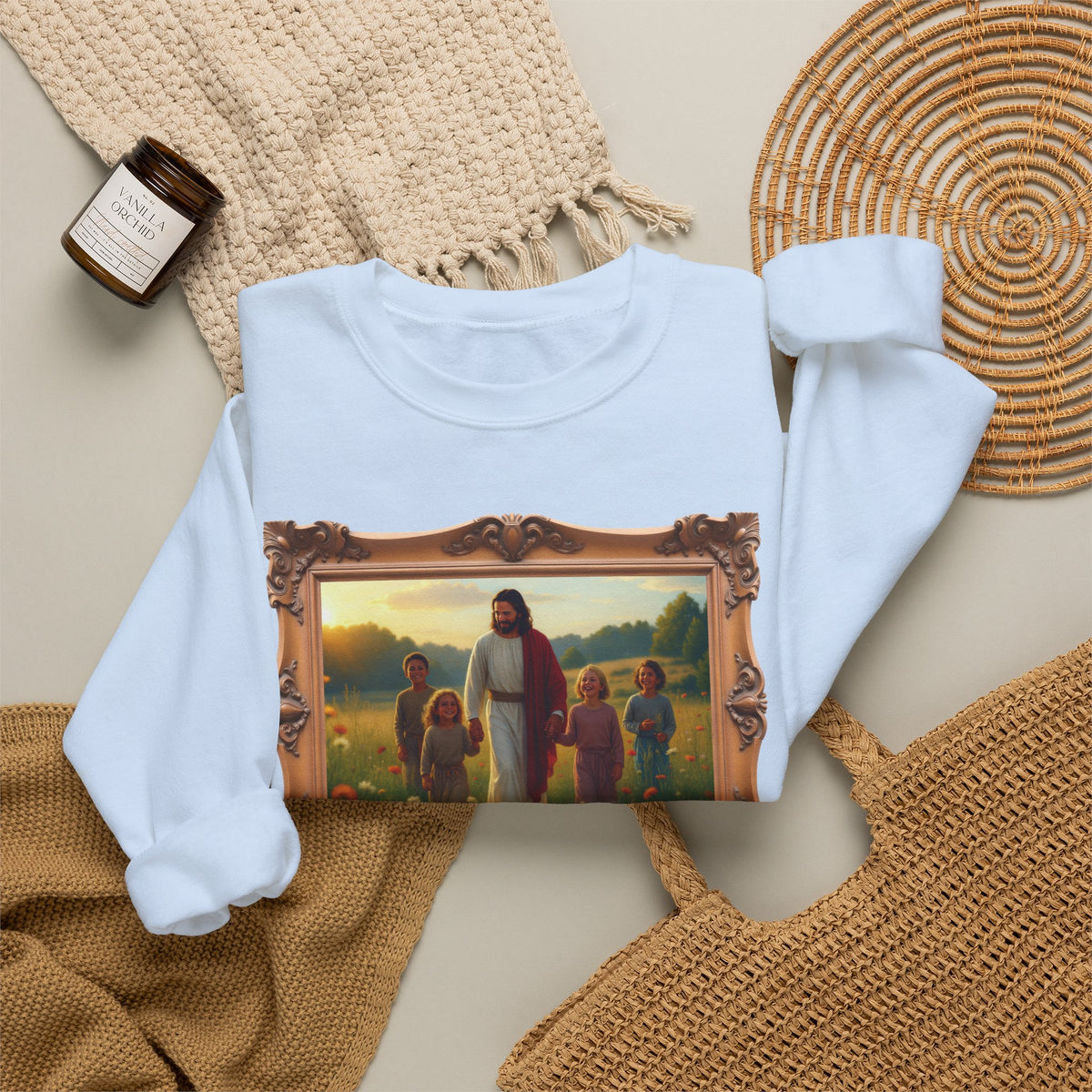 Jesus with Children in Wildflowers - Framed | Crewneck Sweatshirt | Christian Art | Faith-Inspired