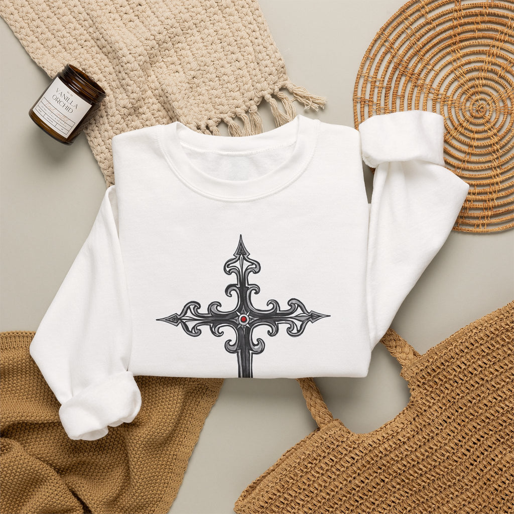 Ornate Silver Jeweled Cross Sketch - Crewneck Sweatshirt | Gothic-Style Christian Art
