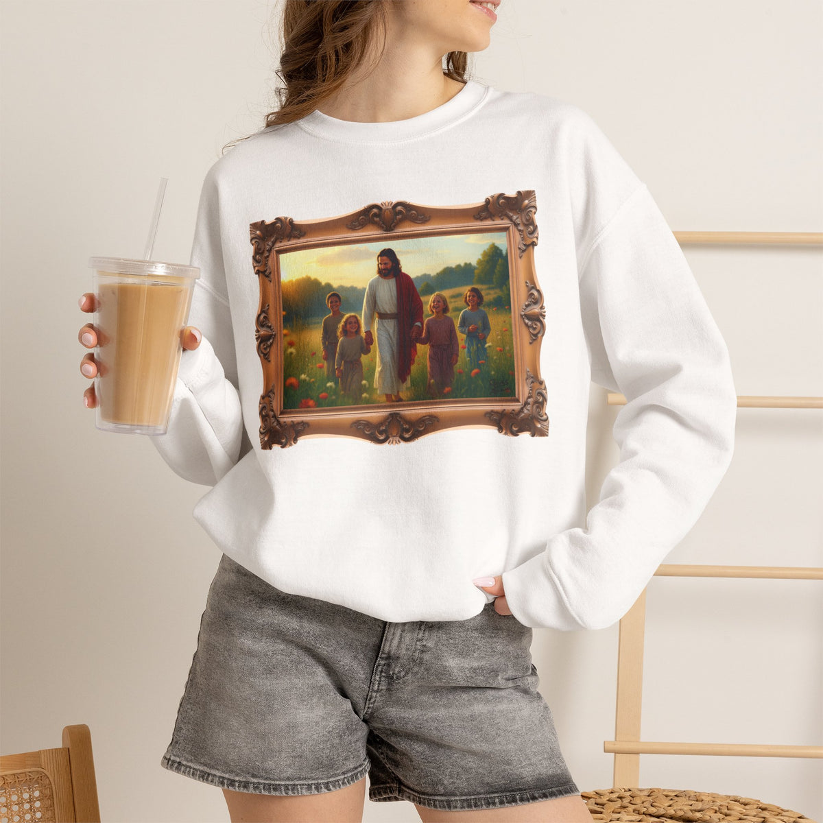Jesus with Children in Wildflowers - Framed | Crewneck Sweatshirt | Christian Art | Faith-Inspired